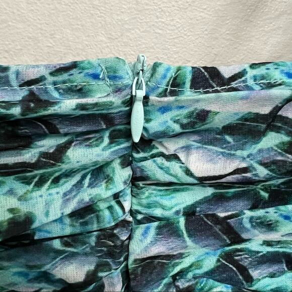 Pretty Little Thing Blue Green abstract Ruched Mini Dress Puff Sleeves - Picture 6 of 6